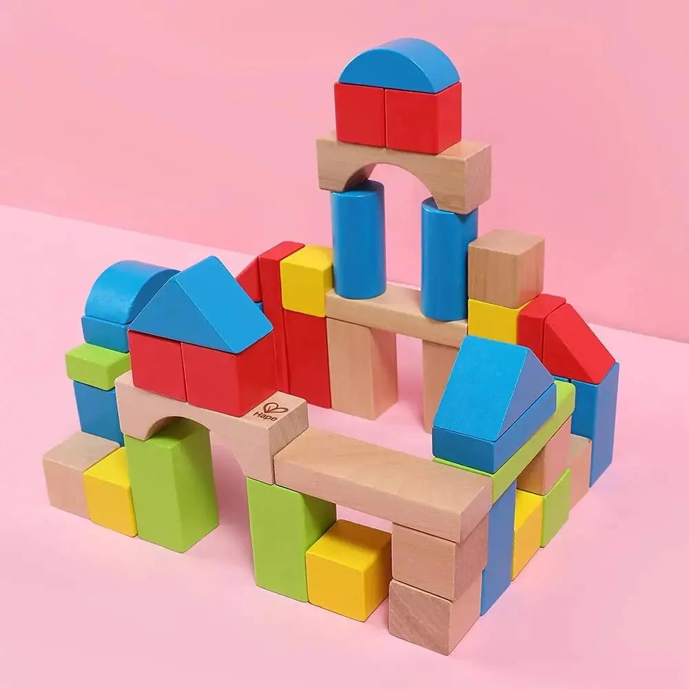 Hape Maple Blocks arranged as a colorful wooden castle
