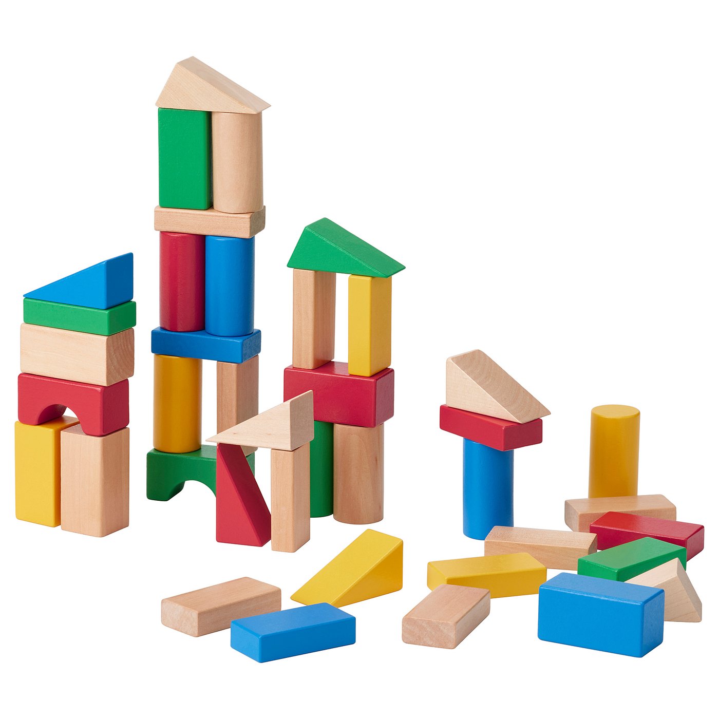 IKEA UNDERHÅLLA wooden blocks in several shapes arranged in towers