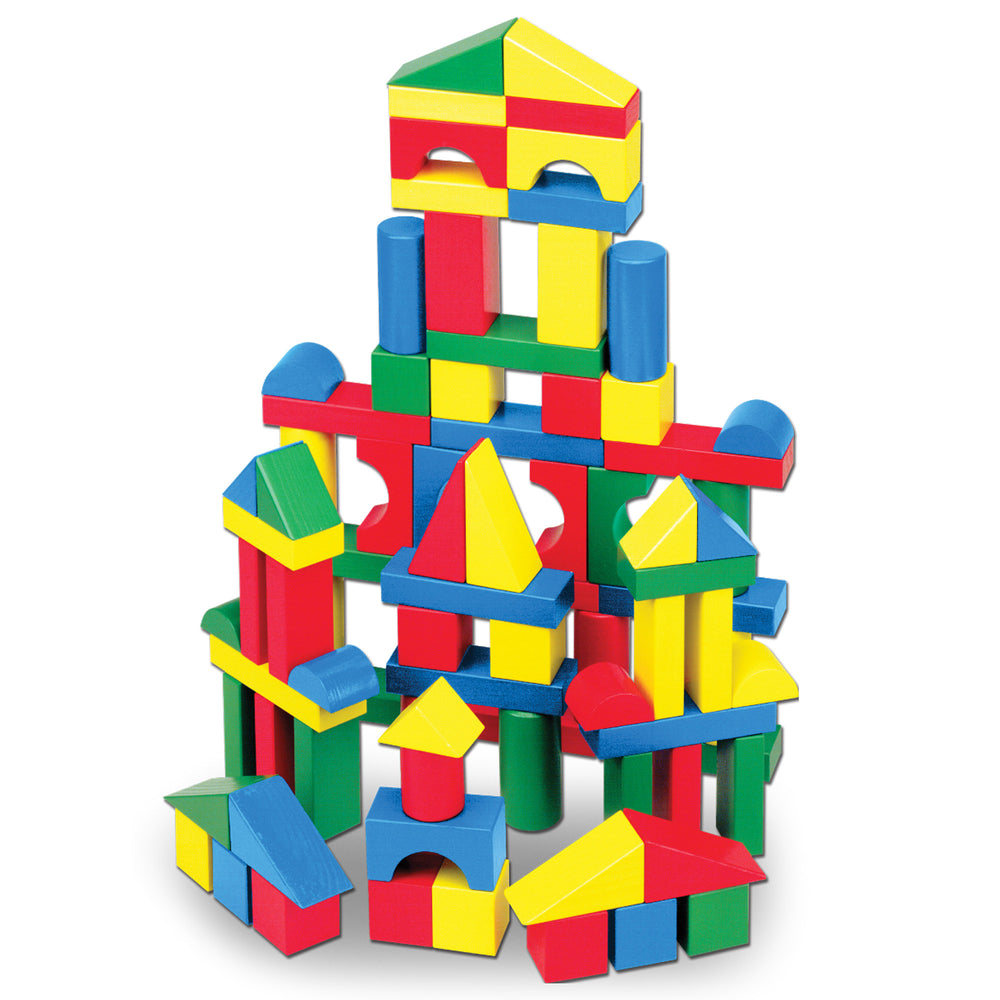 Melissa and Doug wooden building blocks arranged in a tall colorful structure