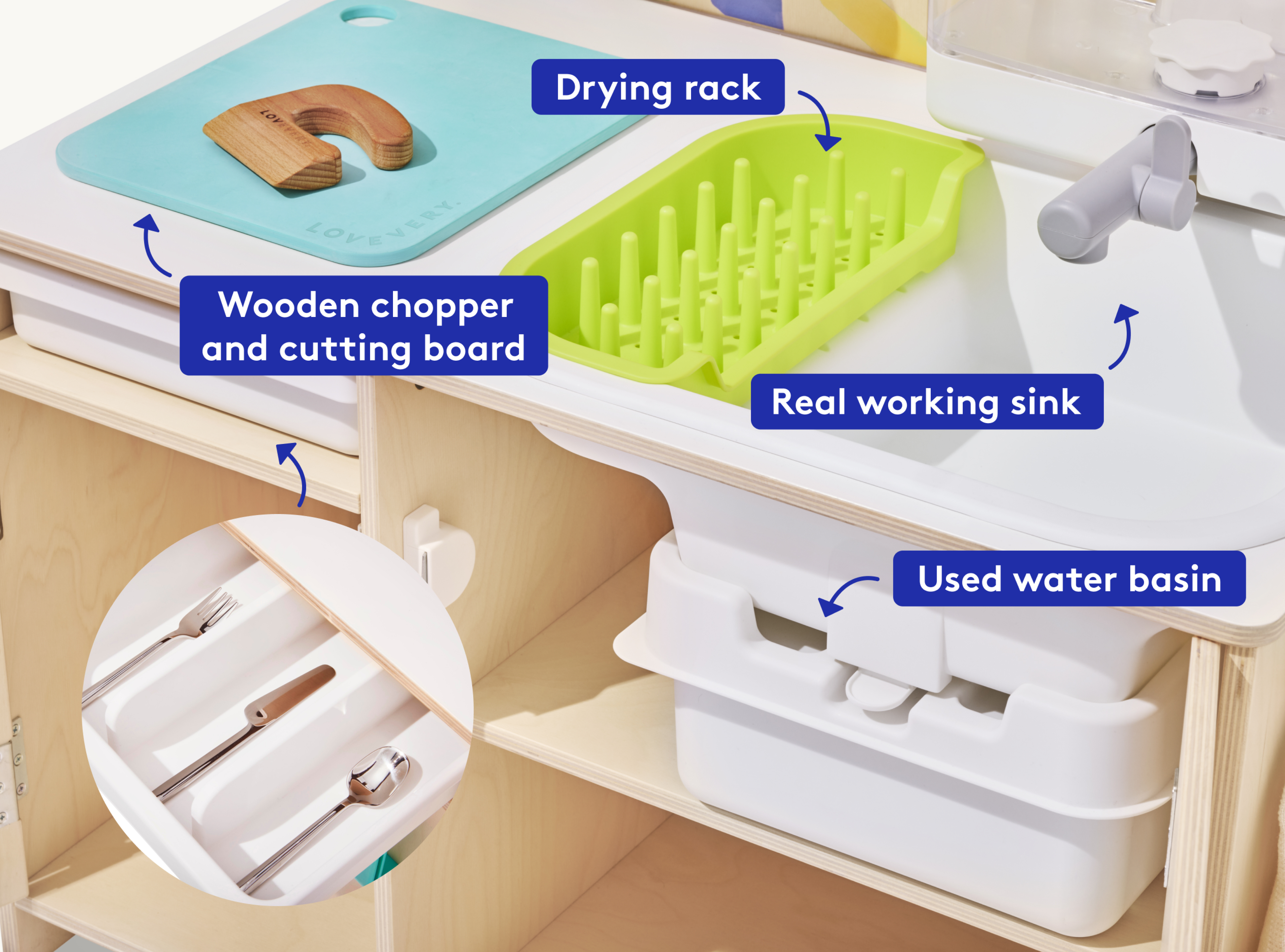 Lovevery Real Life Play Kitchen and its practical food preparation tools