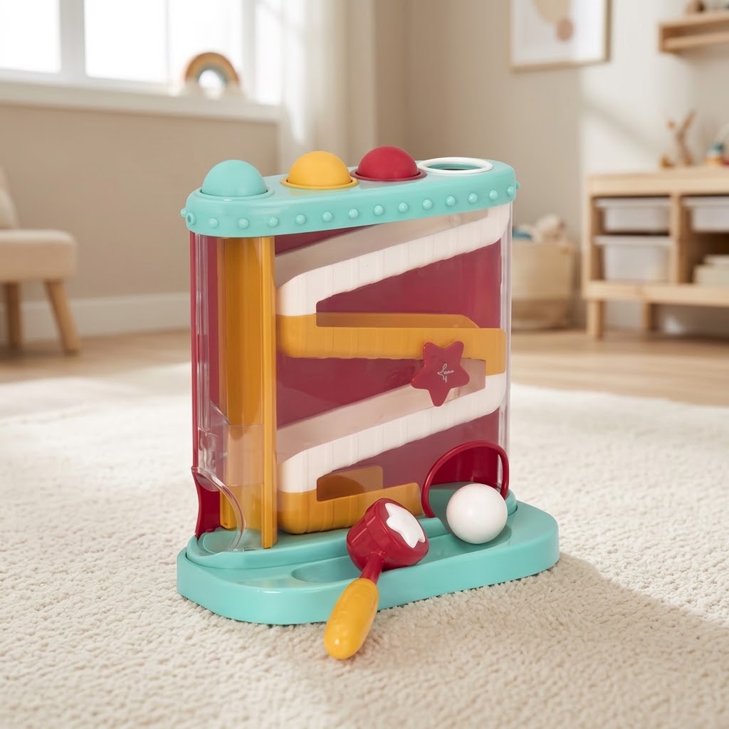 Battat Pound & Roll ball maze with colorful ramps, balls, and a mallet