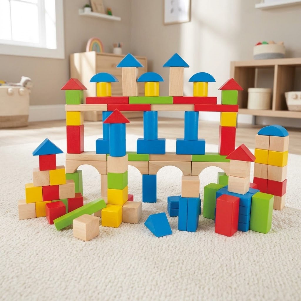 Hape Build Up and Away colorful wooden blocks arranged into towers