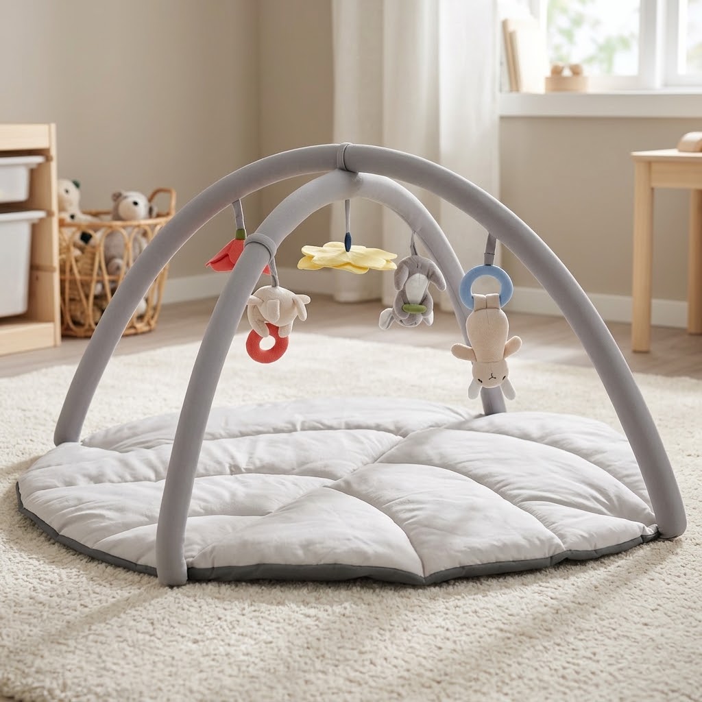 IKEA GULLIGAST baby gym with gray arches, hanging toys, and a padded mat