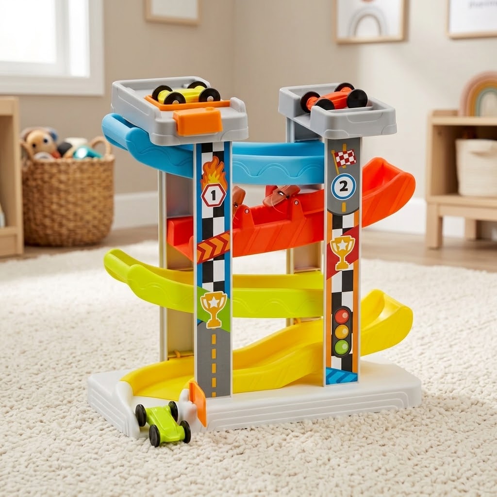 Joyfy multilevel car ramp with colorful tracks and toy cars