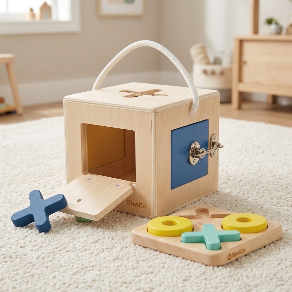 KiwiCo wooden Play-and-Go Lockbox with puzzle doors and shape pieces