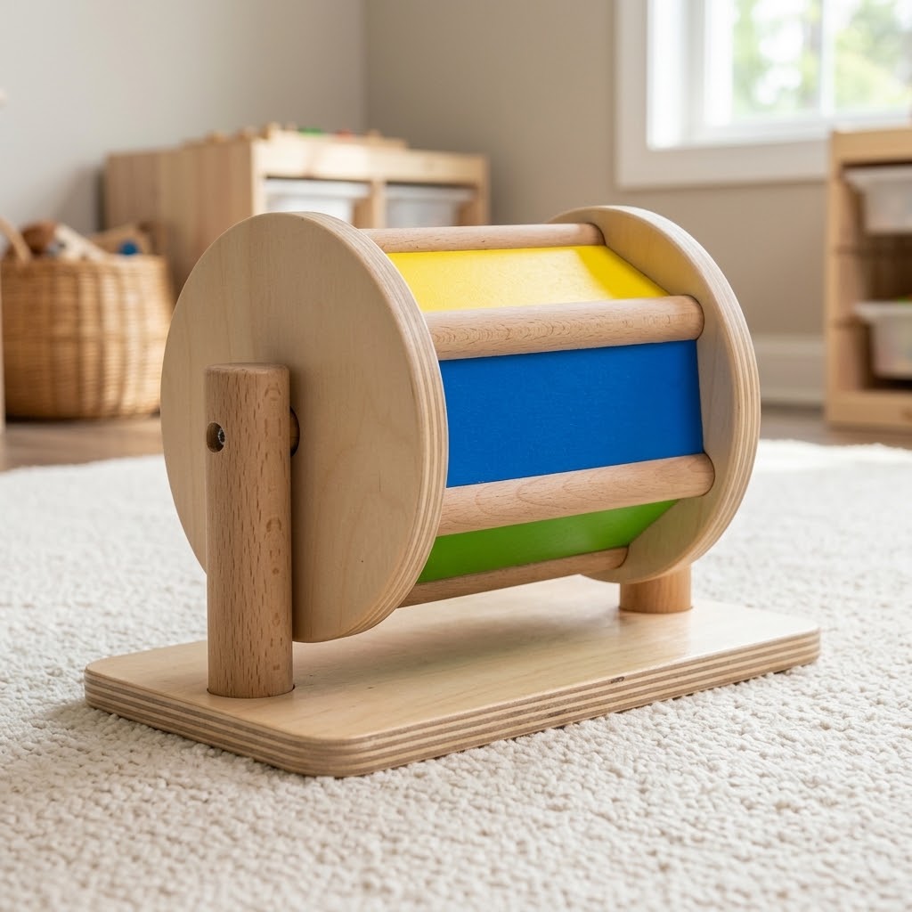 Nienhuis Montessori Spinning Drum with colorful panels and wooden supports