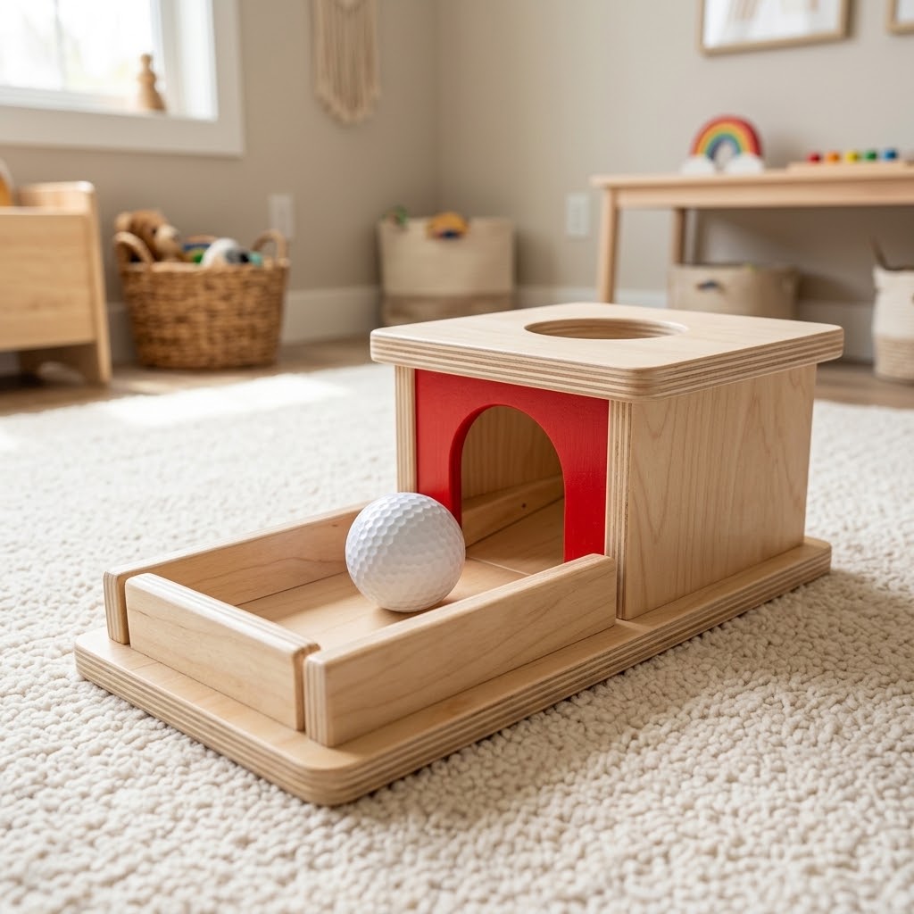 Thinkamajigs wooden Object Permanence Box with a ball and return tray