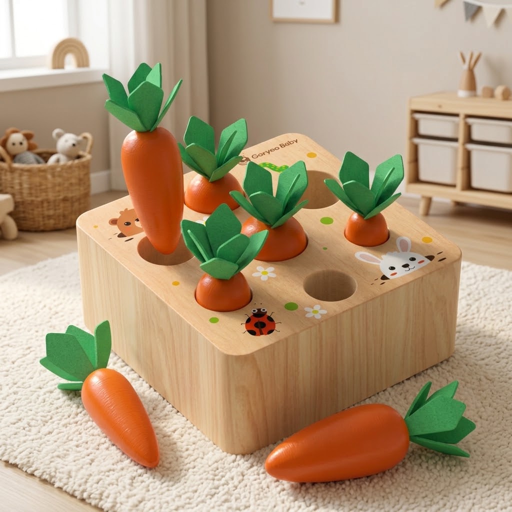 Walmart Montessori Toys Carrot Harvest Game Wooden Toy with orange carrots and a wooden matching base