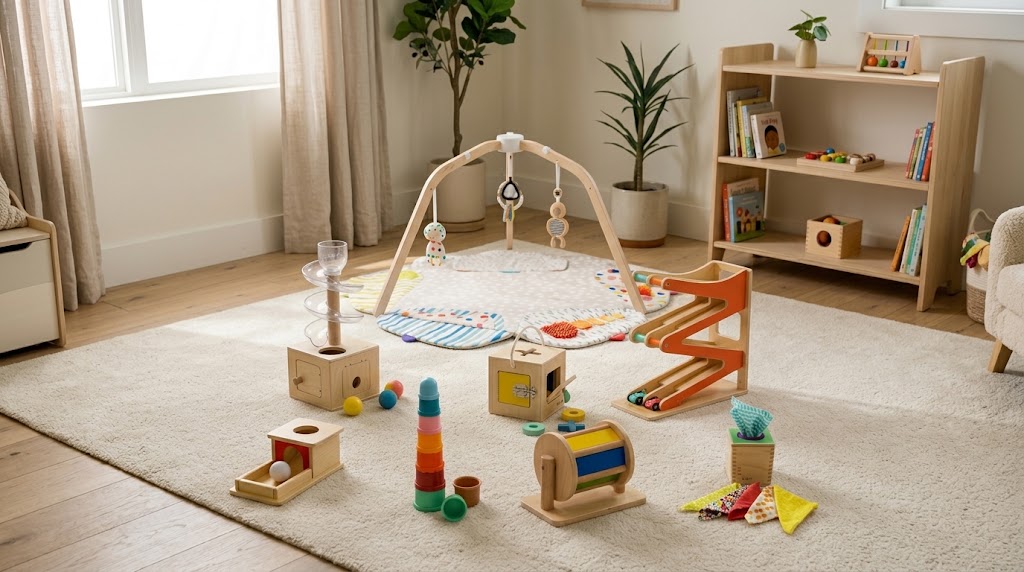 Lovevery toys and affordable alternatives arranged together on a rug in a sunlit playroom