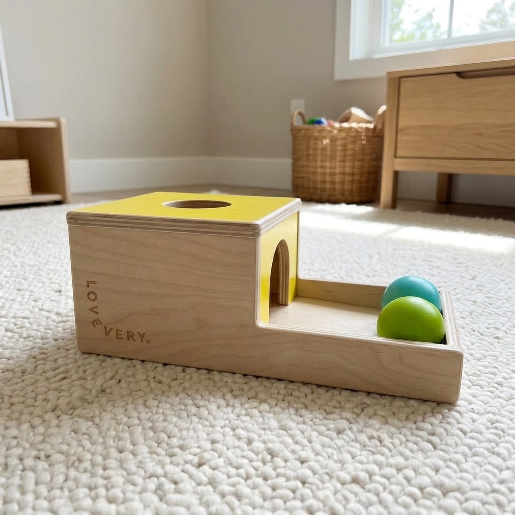 Lovevery wooden Ball Drop Box with a top opening and ball-return tray