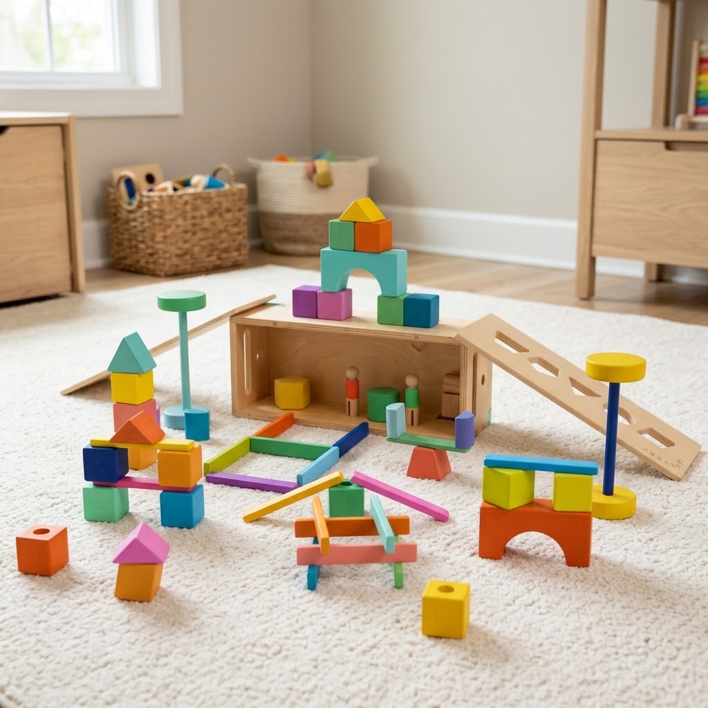 Lovevery Block Set with colorful wooden blocks, ramps, and sorting pieces