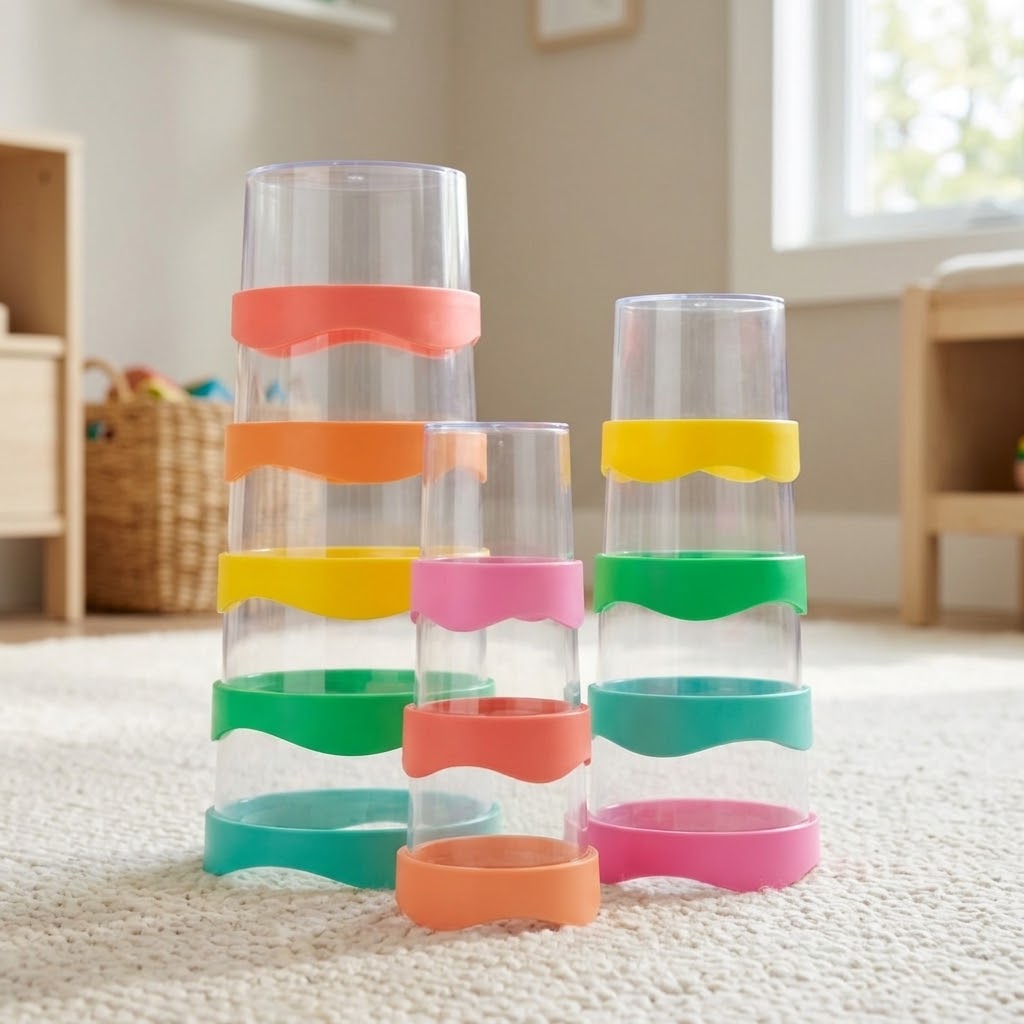 Lovevery colorful and clear Dripdrop Cups arranged in stacks
