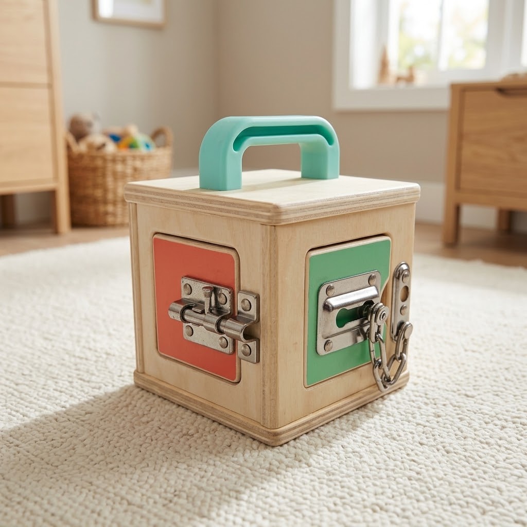 Lovevery wooden Lockbox with colored doors, latches, and a carry handle