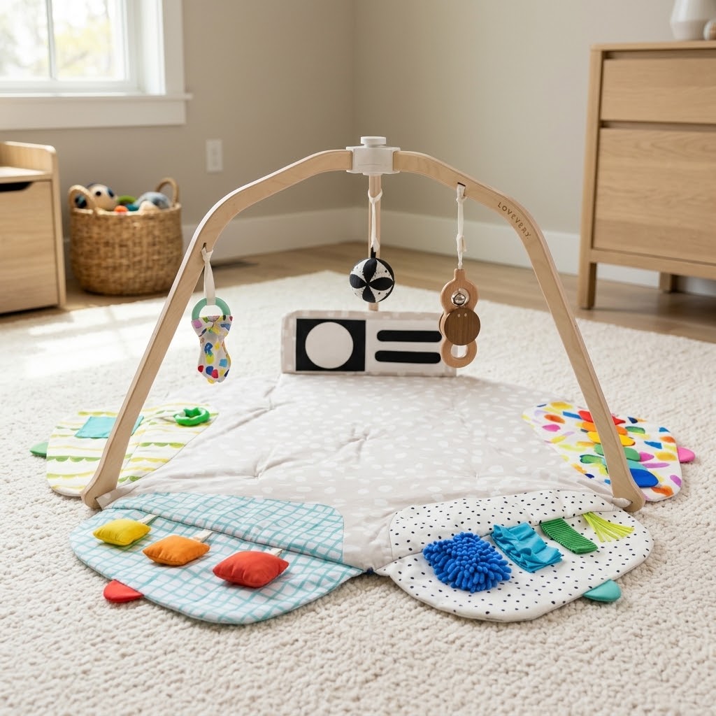 Lovevery Play Gym with wooden arches, hanging toys, and a play mat