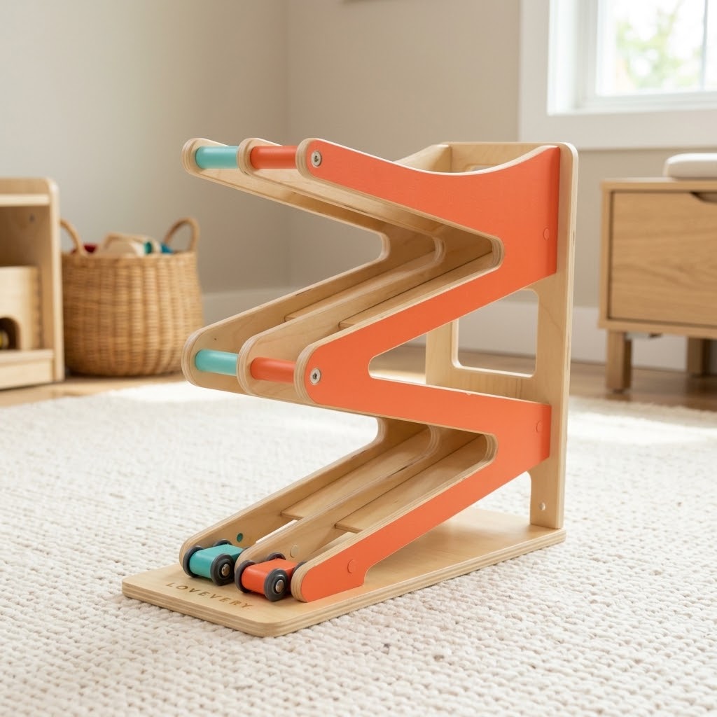 Lovevery Race & Chase Ramp with wooden tracks and small cars