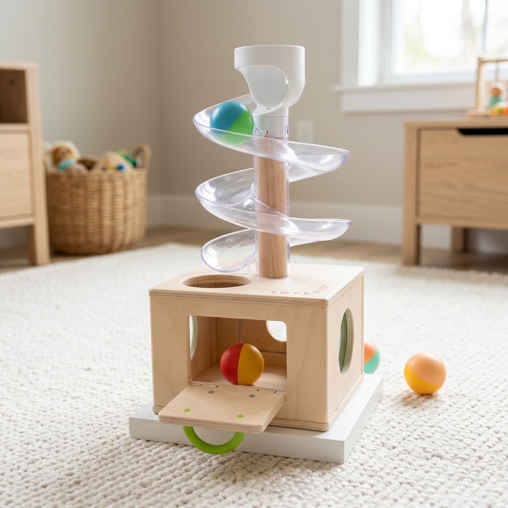 Lovevery Slide & Seek Ball Run with a spiral track and retrieval doors