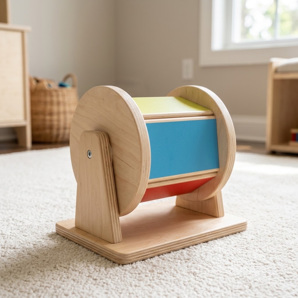 Lovevery Spinning Rainbow drum with colorful panels on a wooden stand