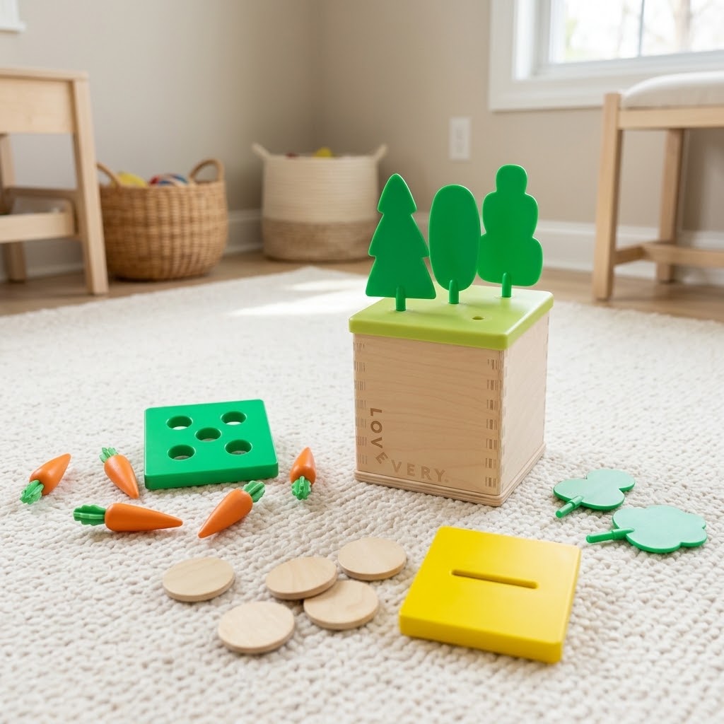 Lovevery Wooden Coin Bank Set with interchangeable lids, carrots, and coins