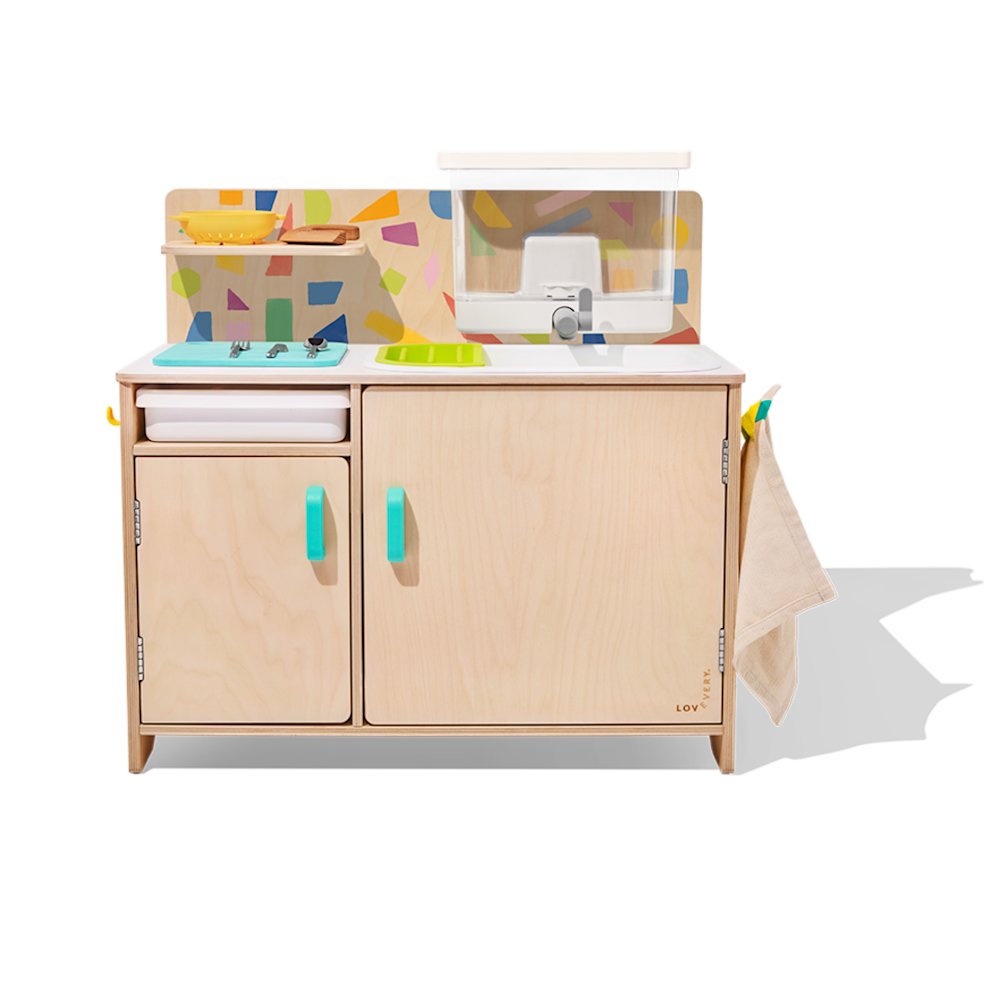 Lovevery Real Life Play Kitchen with a wooden cabinet, working sink and separate water tank