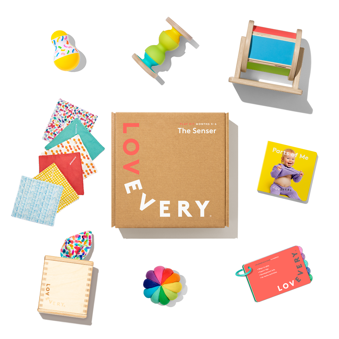 Lovevery The Senser Play Kit with its tissue box and the other included playthings