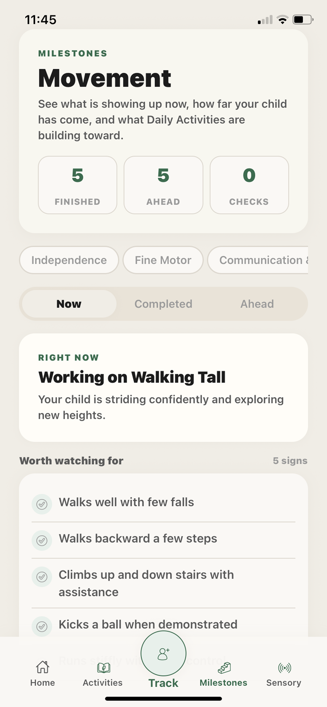 Existing Flourish Milestones screen showing Movement, completed and upcoming milestones, and what to watch for