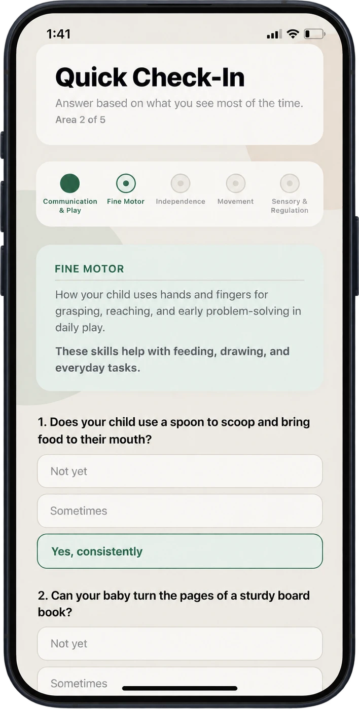 Flourish onboarding check-in across five development areas